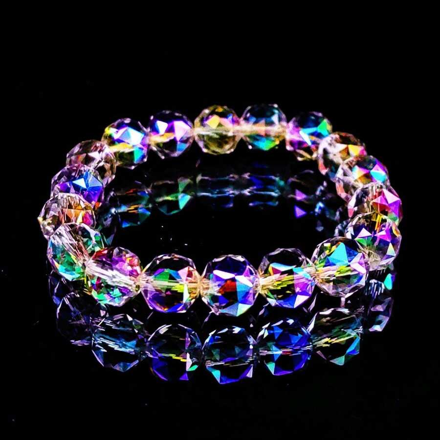 10毫米多面水晶串珠手链 - 女孩喜爱的幸运配饰，可作为日常/节日礼物 - 杏色 - 查看 1