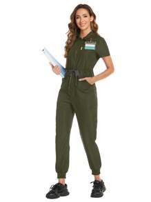 Zipper Front Tie-Waist Casual Nursing Jumpsuit