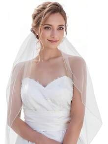 Pearl & Crystal Beaded Wedding Veil - 1 Tier Fingertip Bridal Veil With Elegant Beaded Edge, Soft Tulle - 30吋-白色 - 查看 1