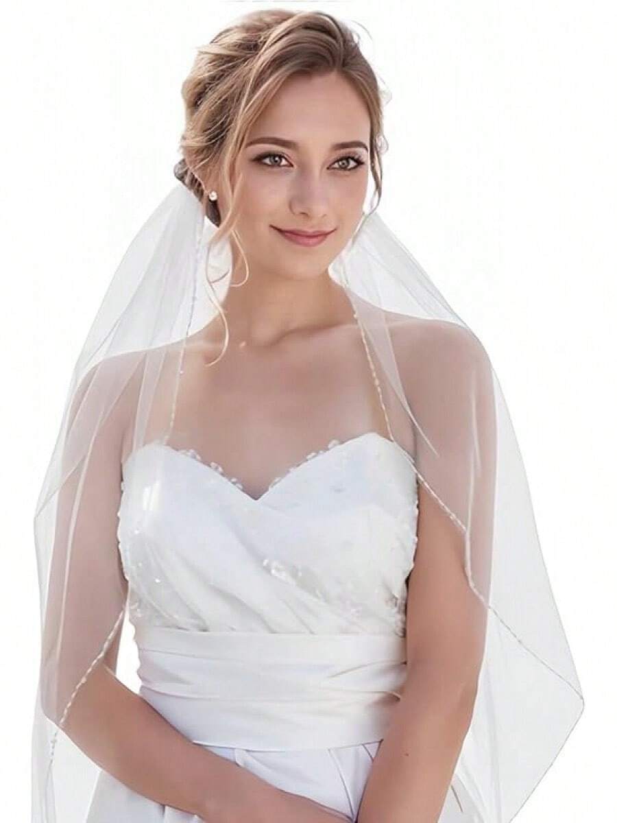 Pearl & Crystal Beaded Wedding Veil - 1 Tier Fingertip Bridal Veil With Elegant Beaded Edge, Soft Tulle - 30吋-白色 - 查看 1