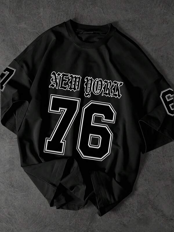 Men's New Summer Fashion Round Neck Loose Standard T-Shirt, With "New York・76" And Badge Graphic, Casual All-Match Style, Suitable For Outdoor Sports, Running, Fitness, Outings, Soft Polyester, Machine Washable