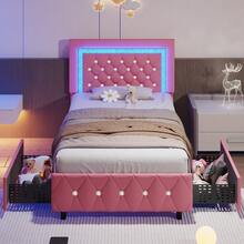 Twin/ Full/ Queen/ King Size Bed Frame With Storage Drawers, Upholstered LED Bed Frame With Headboard, Modern Platform Bed Frame With Headboard And Footboard, Diamond Tufted Design, No Box Spring Needed, Twin/ Full/ Queen/ King, Pink/ Black/ White/ Purple/ Yellow (Twin Size 2 Drawers/ Other Size 4 Drawers) - Hồng - Xem 13
