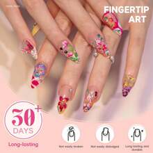 24 piezas de almendras medianas con estampado de flores 3D de verano, encantos de rosa dorado brillante con puntas francesas para mujeres con diseño floral colorido y vacaciones en la playa