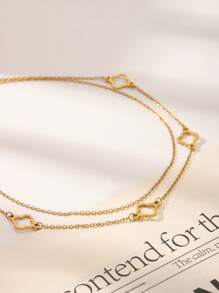 1pc, 18k Golden Plated, Stainless Steel Hollow Clover Double Necklace, Women's Classic Luxury Stainless Steel Jewelry, Wedding Graduation Gifts