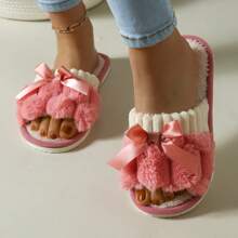 Women's Plush Bow Slippers - Suitable For All Seasons Indoor Household Shoes, Cute Home Slippers