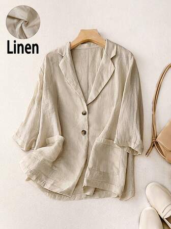 Women's Casual Linen 3/4 Sleeve Loose Fit Blazer With Big Pockets, Spring/Summer
