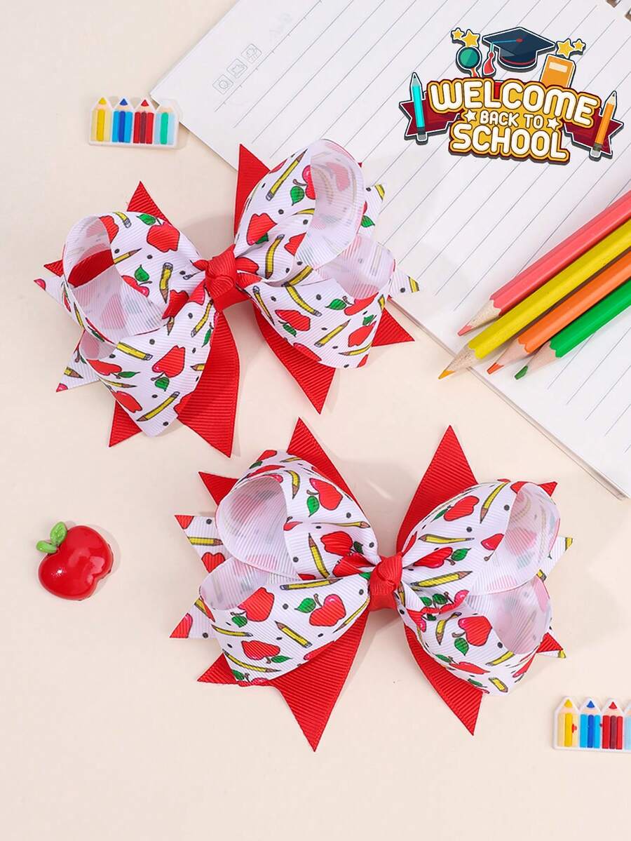 2 件装开学季女孩大号蝴蝶结铅笔苹果字母印花蝴蝶结鳄鱼夹开学第一天发夹可爱甜美发夹新学期发夹青少年发饰 - 彩色 - 查看 1