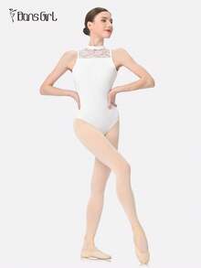 DonsGirl 女士芭蕾舞紧身衣 - 立领网纱拼接，性感露背设计，古典/现代舞服装