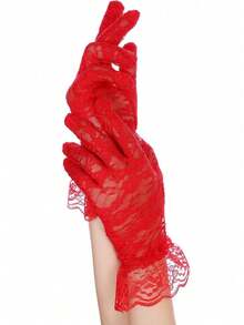 1 双白色蕾丝女士手套，适合派对、婚礼、歌剧、下午茶等场合，秋季配饰 - 紅色a - 查看 2