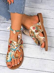 彩虹蝴蝶结装饰女士平底凉鞋，舒适按摩鞋底，多色沙滩拖鞋 - 彩色 - 查看 5