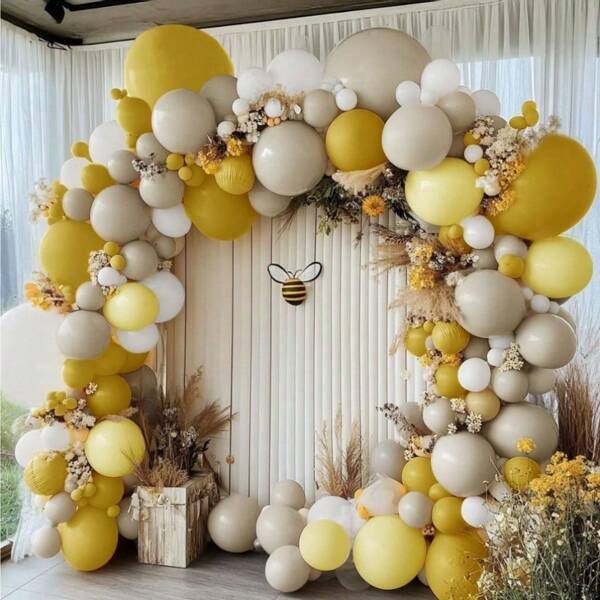 112pcs Mustard Yellow Balloon Wreath Set, Ivory White & Yellow Latex Balloons, Ideal For Birthday, Gender Reveal, Boho Bee Party Decoration