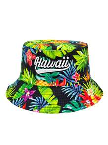 Cappello da pescatore alla moda con ricamo in stile hawaiano, reversibile, casual, leggero e adatto a unisex per uso all'aperto e viaggi