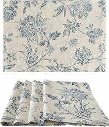JINCHAN Linen Floral Fall Placemats Set Of 4 Cloth Table Mats Rustic Cottagecore Jacobean Outdoor Seasonal For Kitchen Dining Table Decor Non-Slip Washable Tablemats 13x19 Inch Green - 藍色 - 查看 9
