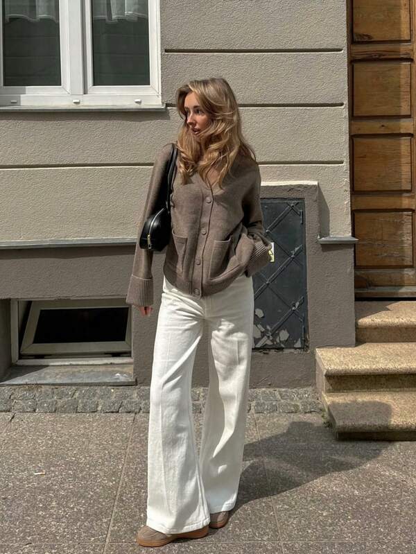 Senya Women's Solid Color V-Neck Long-Sleeved Front Button Knitted Cardigan With Pockets, Casual Loose, Elegant Temperament, Design Cuffs Commuter Sweater Tops,Autumn And Winter