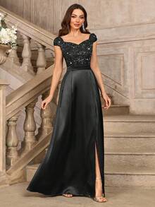 MIUSOL Sequin Floral Lace Sweetheart Neck Cap Sleeve Contrast Satin Formal Party Maxi Dress, Elegant Party Dress For Women, Formal Evening Gown, Prom Dress, For Easter, Mother Day, Wedding Guest, Graduation, Dinner - 黑色 - 查看 4