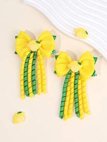 2 件柠檬色 Korker 蝴蝶结，适合女孩卷曲黄绿色罗缎丝带蝴蝶结鳄鱼夹，可爱柠檬闪光风车蝴蝶结发夹，可爱水果蝴蝶结发夹，青少年发饰 - 黃色 - 查看 2