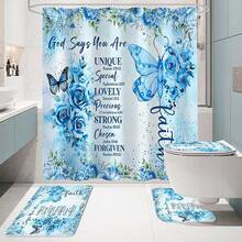 4 Pcs Yellow Inspirational Quotes Shower Curtain Set With Rugs And Toilet Lid Cover, Colorful Boho Waterproof Fabric Bathroom Set, Bible Verse Floral Bathroom Decor Set Accessories - Blue - View 7