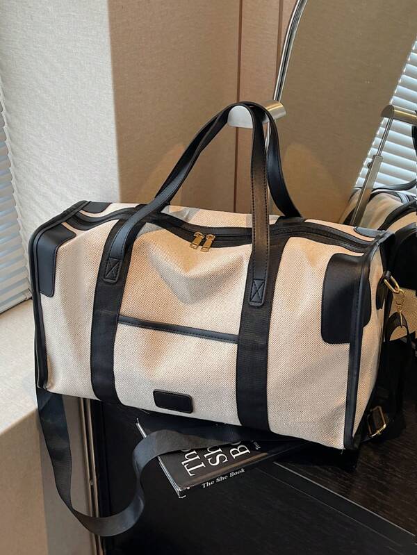 Bolsa de viaje de gran capacidad y sencilla, bolso de mano con bloqueo de color de moda, versátil para uso casual, se puede llevar como bolso de hombro o bandolera, negro y marrón con bolsa de viaje beige para maleta, bolsa de fin de semana, bolsa de gimnasio, bolsa de lona, bolsa de universidad, bolsa de equipaje para hospital, bolsa de invierno para vacaciones, accesorios escolares