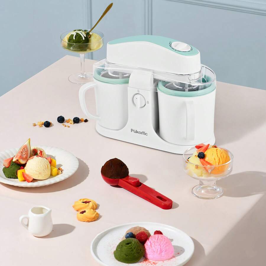 SUSTEAS Ice Cream And Frozen Yogurt Maker For Custard Toppings, Sorbets, Ice Creams And Sherbets, Makes 350 G Of Ice Cream, White-Green Color. - 美規A型插(110-127V) - 查看 1