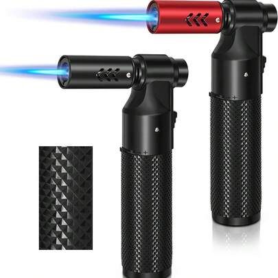 2 Pieces/Set Desktop Jet Lighter High Pressure Jet 1300 ℃ Blue Flame Fire Igniter Kitchen Lighters Adjustable Jet Flame, Butane Gas Refillable, Windproof Torch Lighter For Creme Brulee, Cooking Outdoor BBQ, Baking (WB-Hb3, Black+Red, ABS)