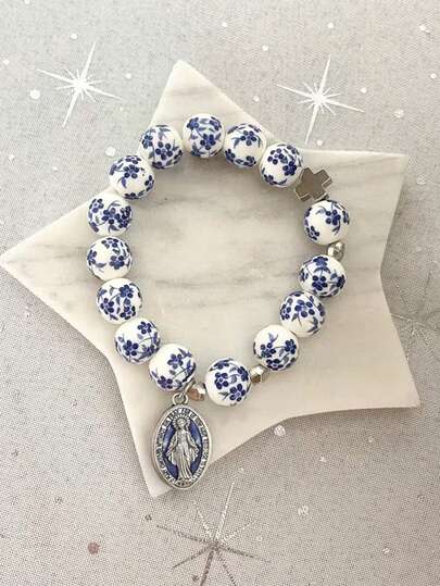 1 pieza Pulsera con colgante de Virgen María con cruz, estrella geométrica, corazón con cuentas, de estilo neochino elegante con piedras naturales cerámicas de colores para fiesta