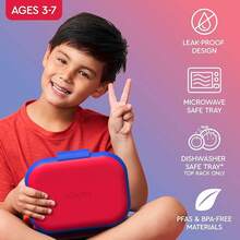 Lonchera a prueba de fugas Chill Kids - Caja Bento de 4 compartimentos con paquete de hielo incorporado, capacidad de 3.3 tazas, libre de PFAS y BPA, apta para microondas y lavavajillas, tamaño para edades de 3 a años (Verde/Azul Marino) - Rojo/Real - Ver 3