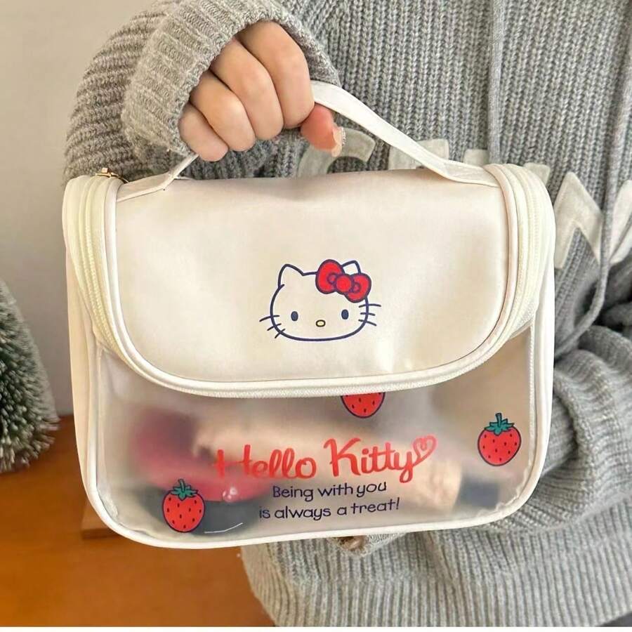 Sanrio 1PC Sanrio Matte Transparent Makeup Bag Cute Kitty Cat Toiletries Bag Travel Convenient Large Capacity Storage Skin Care Products Beauty Bag Multifunctional Portable Storage Makeup Bag