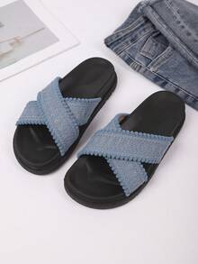 女士纯色沙滩休闲优雅学院风公主性感街头面料流苏厚底拖鞋，适合海滩、度假、大学派对、户外、居家、四季 - 藍色 - 查看 7