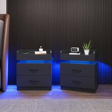 LED NightStand Set Of 2, Modern Night Stands With 2 Drawers, Bedside Tables And End Side Tables For Bedroom, Black/ White/ Grey - 黑色 - 查看 11