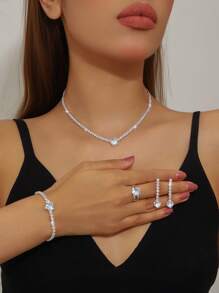 Elegante y sencillo set de joyería de de 5 piezas, que incluye collar, pendientes, pulsera y anillo. Con forma de corazón brillante, de moda y versátil, adecuado para todas las ocasiones. San Valentín, Mamá, Madre, Día de la Madre, Regalo