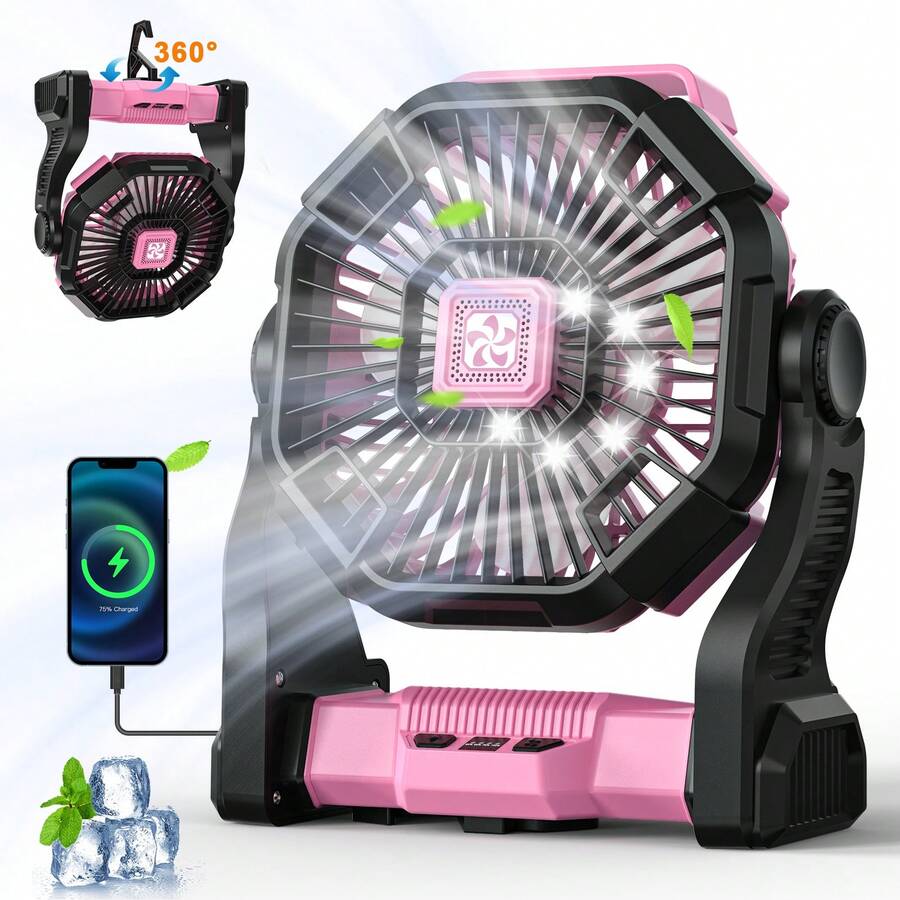 Portable Camping Fan With LED Light - 20000mAh Rechargeable Battery, Adjustable 270°/360° Design For Tents, Travel, And Outdoor Use,Travel Essentials Hand Held Fan,Portable Fans - Hồng - Xem 1