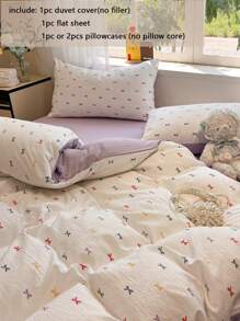 3/4pcs Bedding Set, Colorful Bow Print Duvet Cover, Soft Crinkly Gauze Duvet Cover, Cartoon Fresh Bed Set, Lilac Bedsheet, Suitable For Bedroom At Home, Suitable For All Seasons (Includes 1 Duvet Cover, 1 Bedsheet, 1/2 Pillowcases, Without Filler)