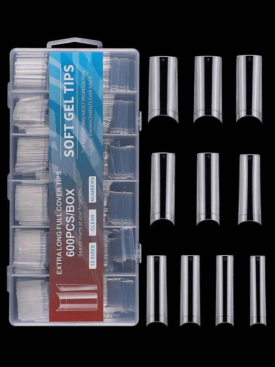 600pcs Extra Large No C-Curve Nail Tips, Transparent Rectangular Straight Fake Nails, 10 Sizes, Half-Cover Artificial Nails, Suitable For Nail Salon Professionals And Home DIY - Clear - View 1