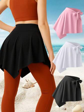 Athleisure Knee Length Skirt With Adjustable Tie Waist, Anti-Chafing & Anti-Exposure, Yoga Fitness Shorts Skort