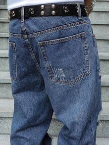 Men's Ripped Jeans Relaxed Fit Straight Leg Distressed Vintage Denim Pants Y2K Hip Hop Skater Streetwear Casual Trousers - 中等水洗藍 - 查看 9