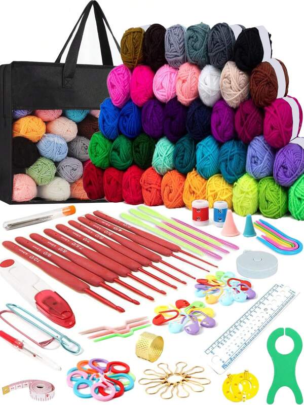 126pcs Beginner Crochet Set, Includes 100% Acrylic Yarn, Crochet Hooks & Black Storage Bag, Ergonomic Portable Crochet Kit, Suitable For All Beginners (Accessories & Yarn Colors Random)