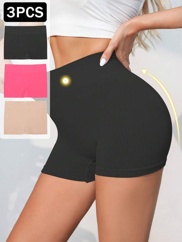 3pcs/Pack Women Seamless Underwear, Sexy Briefs, Soft & Secure Shorts, Elastic Panties, Butt Lifting, High Waist Shorts, Minimalist Style, Breathable Fabric, Solid Color, Casual Sports Shorts, Shaping Shorts, High Waist Casual UV-Proof Safety Shorts