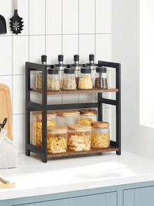 Estante de almacenamiento de 2 niveles, organizador de computadora, marco de bambú, para cocinas, comedores, oficinas, café rústico y negro - Marrón - Ver 2