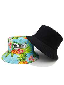 Cappello da pescatore alla moda con ricamo in stile hawaiano, reversibile, casual, leggero e adatto a unisex per uso all'aperto e viaggi