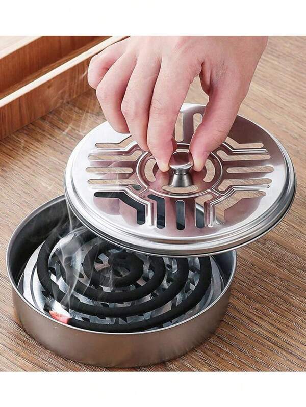 1 Bandeja de rejilla de acero inoxidable para espiral antimosquitos, para uso doméstico con tapa, ignífuga y resistente al calor, dispositivo creativo de aromaterapia con sándalo, caja para espiral antimosquitos de exterior