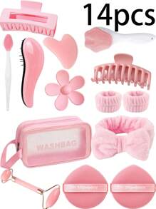Conjunto de Beleza Facial de 14 Peças, Incluindo Pincel Facial em Forma de Pata de Gato, Pincel de Nariz, Massageador Rolante de Cabeça Dupla, Placa de Raspagem em Forma de Coração, Presilha de Cabelo, Máscara Facial, Pulseira de Cuidados, Ferramentas Portáteis de Limpeza e Esfoliação para Cuidados com a Pele, 1 Escova de Massagem Portátil de Couro Cabeludo para Mulheres, Pente Antiestático para Beleza e Maquiagem Diária, Adequado para Presente