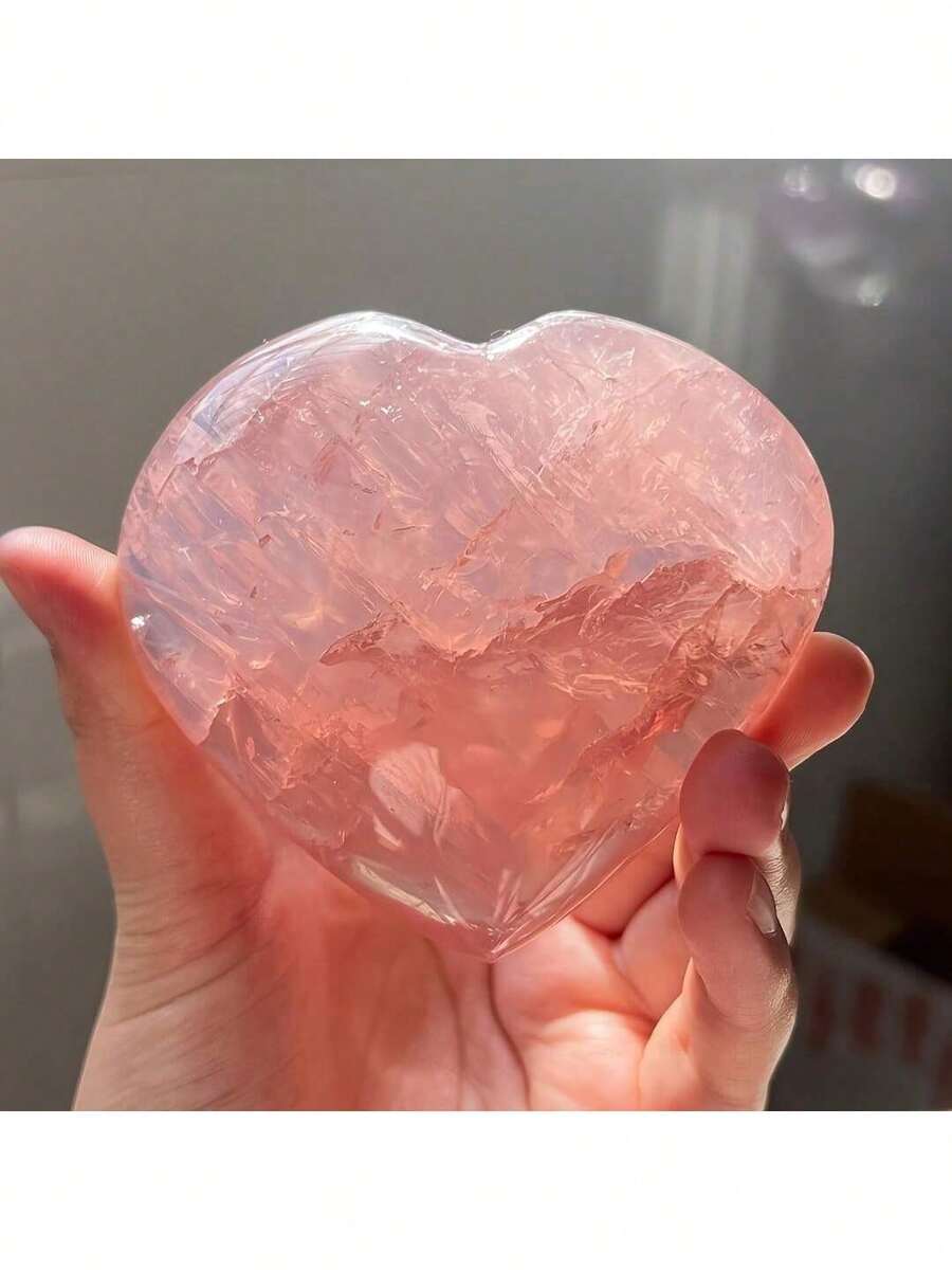 1pc Rose Quartz Heart Love Statue(Rock Crystal Has Natural Cracks, Not Damage.), Natural High Quality, Solid, Unscented,, - Pink - View 1