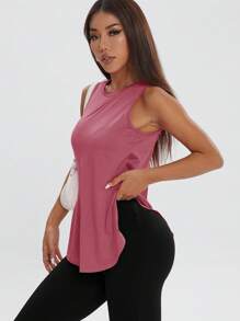 1 buc. Tricou sport pentru femei, casual, lejer, fără mâneci, cu fantă laterală, culoare uni, potrivit pentru primăvară/vară, exerciții fizice și activități în aer liber