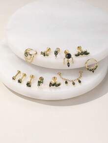 EleRunis 1 件 925 纯银天然苔藓玛瑙榄尖形不对称水滴平背软骨耳轮穿孔精美珠宝适合日常佩戴婚礼派对订婚周年纪念情人节 - 金色 - 查看 6