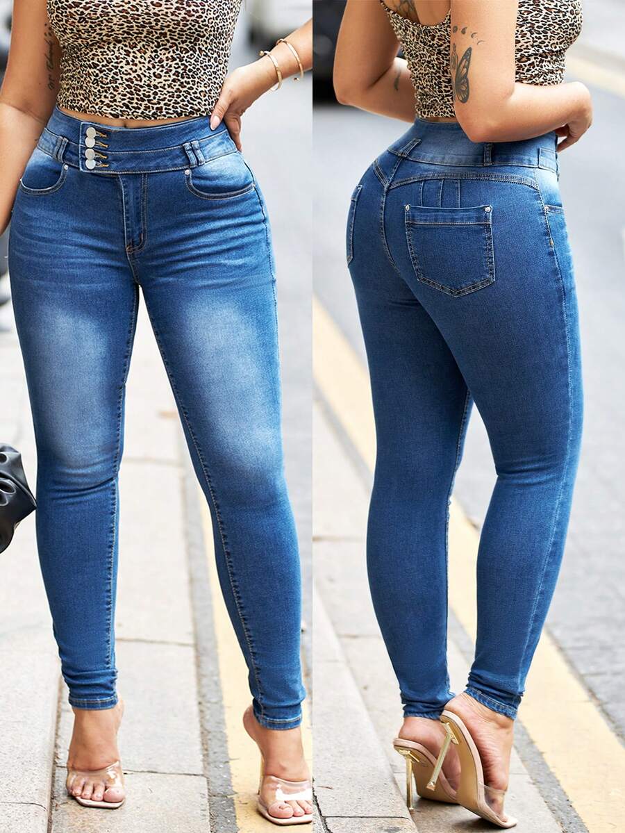 Women's High Waisted Tight Jeans With Side Buttons And Slanted Pockets, Elastic And Slim Fit, Sexy And Hip Lifting, Fashionable And Comfortable, Versatile Women's Jeans - 中等水洗藍 - 查看 1
