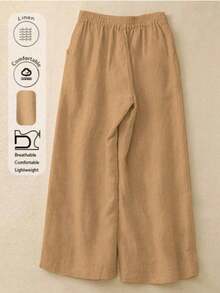 Quần dài vải lanh lưng thun co giãn, đơn giản, thoải mái, thoáng khí dành cho nữ, được thiết kế cho mùa xuân, hè và thu. Quần có nút trang trí khâu tay. - Màu Khaki - Xem 2