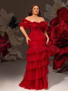 VIPGIRL 大码露肩荷叶边红色网纱美人鱼礼服，褶裥收腰长款礼服，女士正式舞会礼服，迷人晚礼服，优雅修身连衣裙，派对礼服，婚礼宾客礼服 - 酒紅色 - 查看 3