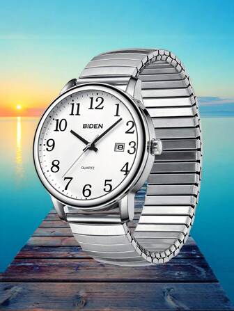 BIDEN Retro Fashion Wrist Watch, Unisex, Quartz Analog, Suitable For Middle-Aged And Elderly, Large Arabic Numeral Dial, Auto Date Display, Waterproof, Elastic Adjustable Strap