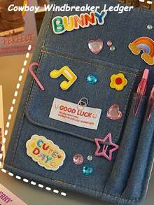 1 件 Y2K 牛仔布封面日记本，时尚高品质，适合女孩，复古美式 DIY 刺绣装饰日记本，布面备忘录笔记本 - 淺藍色 - 查看 2