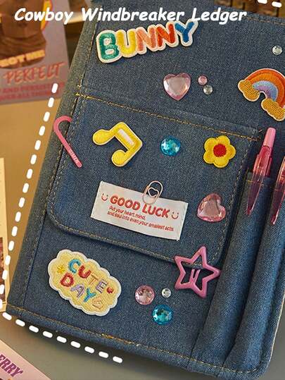 1 件 Y2K 牛仔布封面日记本，时尚高品质，适合女孩，复古美式 DIY 刺绣装饰日记本，布面备忘录笔记本